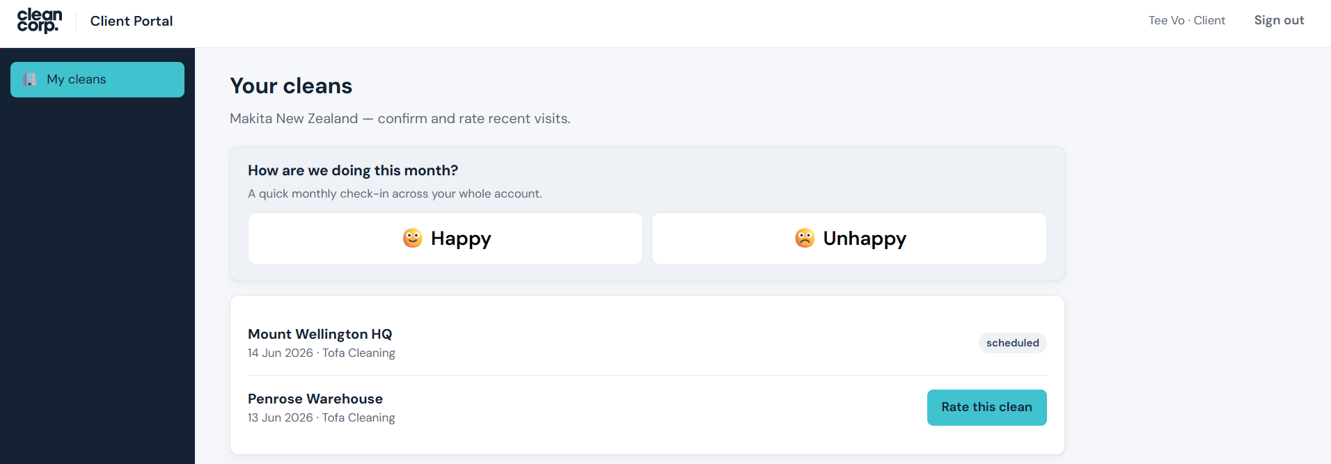 A client-facing portal showing scheduled cleans and a monthly happiness check-in